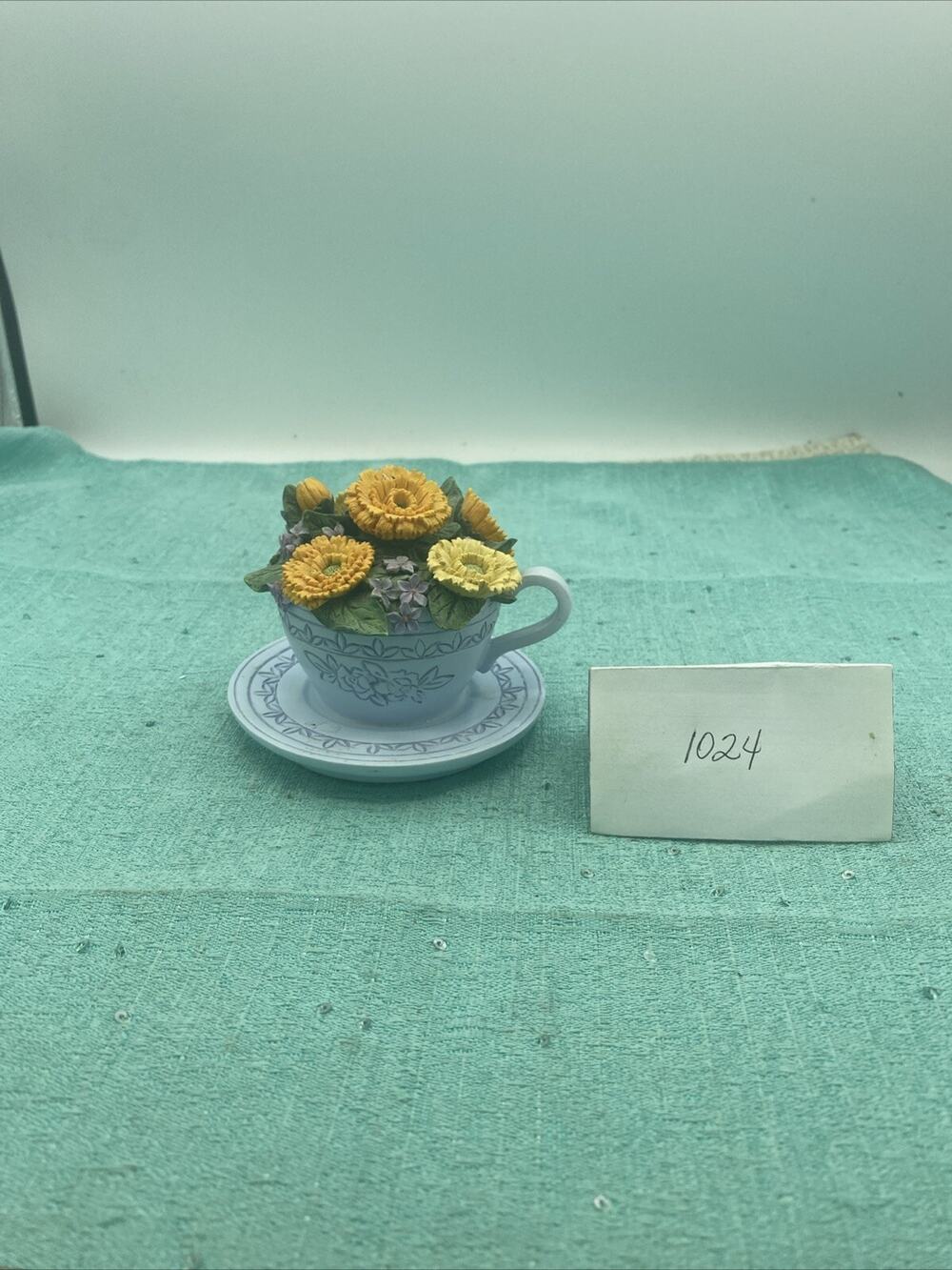 Decorative Blue Teacup And Saucer With Flowers Bouquet Music No Longer Works